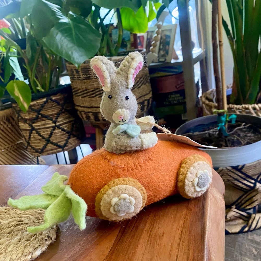 Felted Easter Bunny In Carrot Car